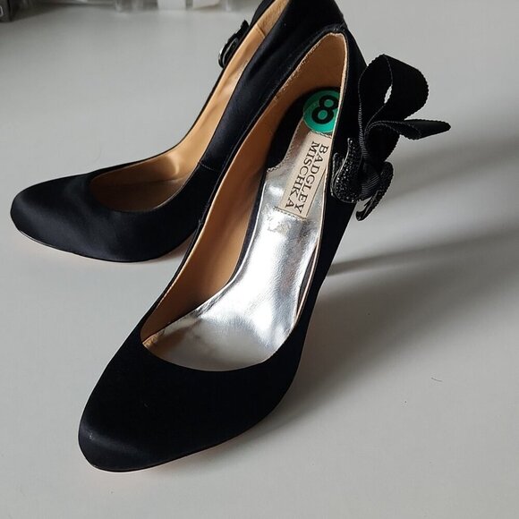 BADGLEY MISCHKA | Satin heels embellished bow crystals black sz 8 - Picture 4 of 9